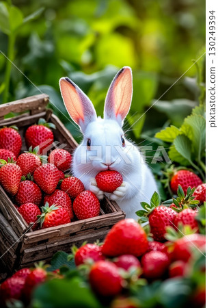 A white rabbit eating a strawberry in a basket of strawberries 130249394