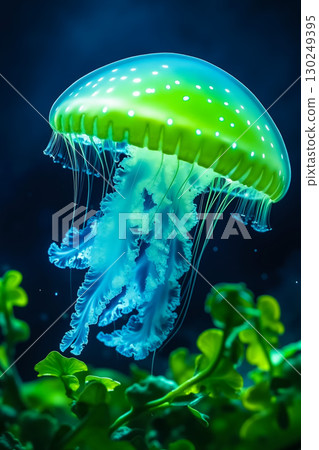 A green jellyfish floating in the ocean surrounded by plants 130249395