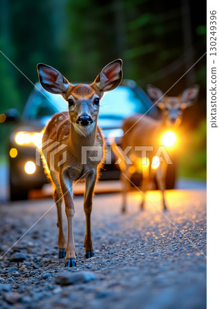 A couple of deer walking down a road next to a car 130249396