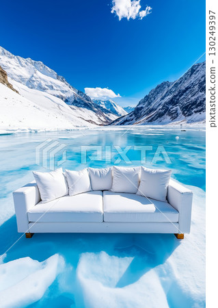 A white couch sitting on top of a snow covered ground next to a lake 130249397