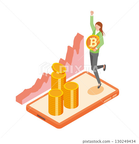 A woman happy with Bitcoin 130249434