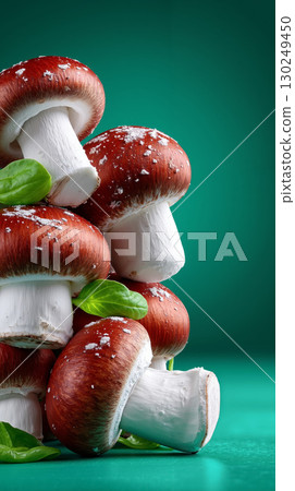 A pile of red and white mushrooms sitting on top of each other 130249450