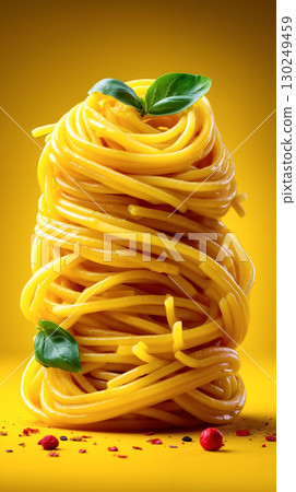 A pile of spaghetti with a green leaf on top of it 130249459