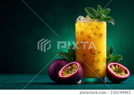 A glass of passion fruit juice with ice and mint leaves 130249461