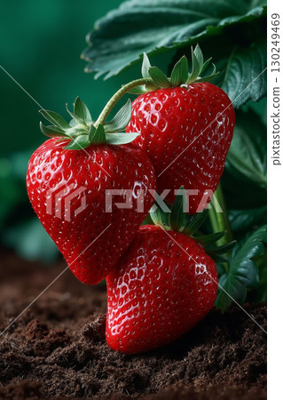 A close up of three ripe strawberries growing in the dirt A close up of three ripe strawberries growing in the dirt 130249469