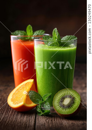 Two glasses of fresh fruit juice with kiwi and orange slices Two glasses of fresh fruit juice with kiwi and orange slices 130249470
