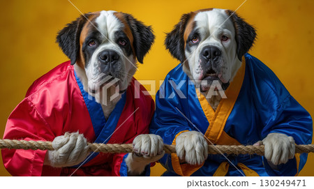 Two dogs in kimonos holding a rope together Two dogs in kimonos holding a rope together 130249471