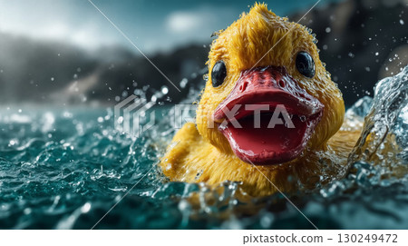 A yellow rubber duck swimming in the water with its mouth open 130249472