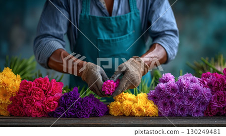 A woman in an apron and gloves arranging flowers on a table 130249481