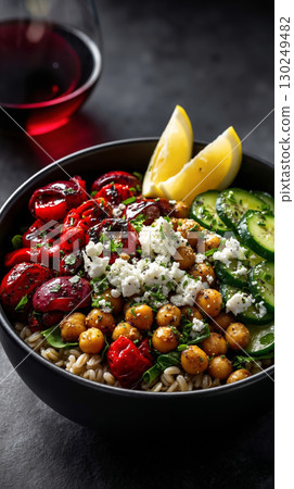 A bowl of orzo salad with roasted vegetables and chickpeas 130249482