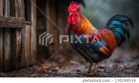 A rooster standing in front of a wooden door 130249514