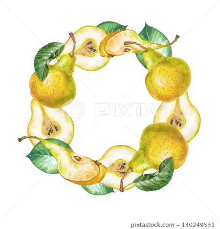 A round frame made of hand-drawn whole pears, pieces of ripe pear and green leaves. Watercolor illustration on a white background. A botanical fruit template with an empty place to insert. 130249531