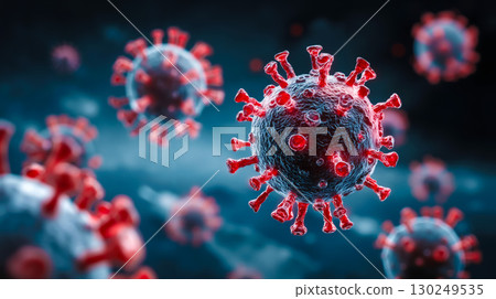 A group of red and blue viruses in a dark background 130249535