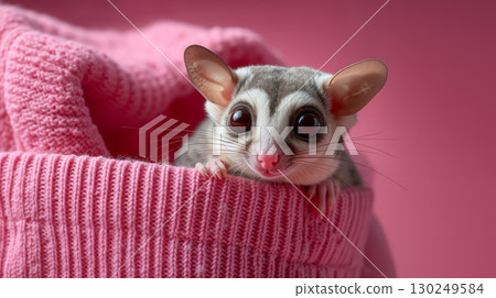 A sugar glider peeking out from behind a pink sweater A sugar glider peeking out from behind a pink sweater 130249584