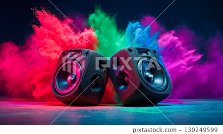A pair of speakers sitting on top of a table covered in colored powder 130249599