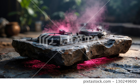 A turntable sitting on top of a rock with pink smoke coming out of it A turntable sitting on top of a rock with pink smoke coming out of it 130249600