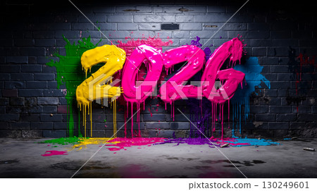 A black brick wall with the word 2026 painted in bright colors 130249601