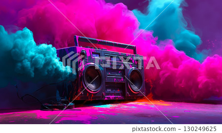 A boombox with colorful smoke coming out of it 130249625