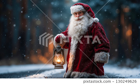 A man dressed as Santa Claus holding a lantern in the snow A man dressed as Santa Claus holding a lantern in the snow 130249626