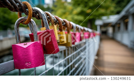 A bunch of padlocks attached to a metal fence 130249631