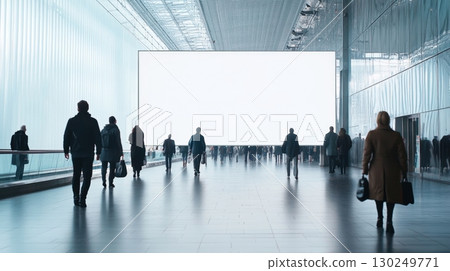 Busy indoor space with large screen 130249771