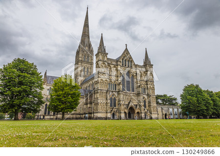 Salisbury Cathedral and Spire across Cathedral Close Lawn, Gothic Landmark, Wiltshire Salisbury Cathedral and Spire across Cathedral Close Lawn, Gothic Landmark, Wiltshire 130249866