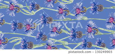 Knapweed flowers watercolor seamless pattern isolated on blue background. Hand-painted botanical wildflowers. Perfect for borders, greeting cards, rustic patterns, garden design, floral eco packaging 130249903