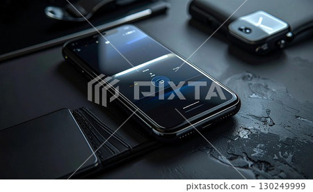 Business materials for a black smartphone on a black desk Generative AI 130249999