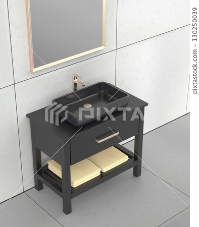Black wash basin cabinet with rose gold faucet and mirror 130250039