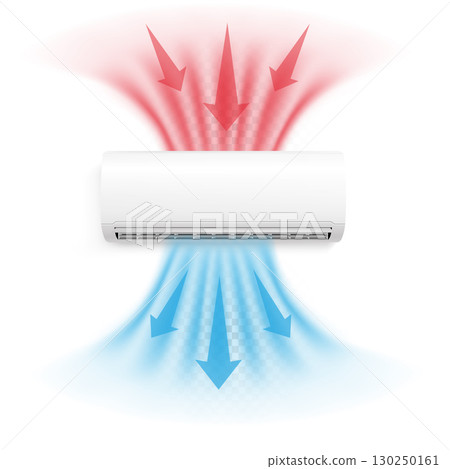 Air conditioner, blue cooling and red heating, with airflow direction illustration and indicators. Air conditioner, blue cooling and red heating, with airflow direction illustration and indicators. 130250161