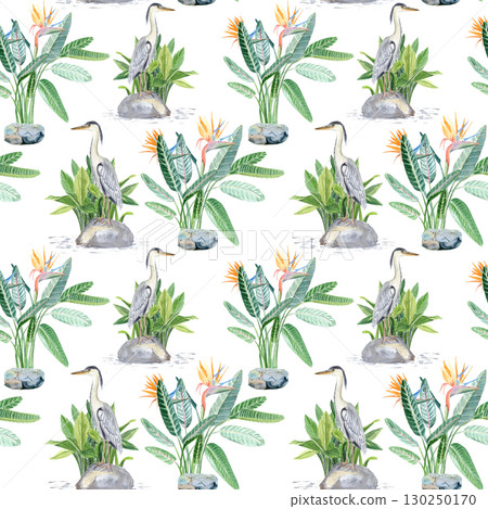 Herons, aspidistra, strelirzia, stones and water. Watercolor seamless pattern on white. Perfect for botanical designs, exotic patterns, nature themes, zen-style decorations. Asian-inspired landscape Herons, aspidistra, strelirzia, stones and water. Watercolor seamless pattern on white. Perfect for botanical designs, exotic patterns, nature themes, zen-style decorations. Asian-inspired landscape 130250170