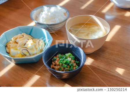 A Japanese breakfast of rice, miso soup, egg, and natto A Japanese breakfast of rice, miso soup, egg, and natto 130250214