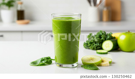 A fresh green smoothie in a glass surrounded by ingredients like spinach, kale, apple, and banana on a kitchen counter. 130250462