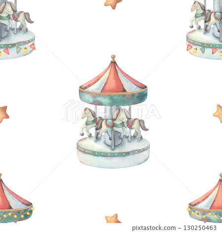 Seamless pattern, merry-go-round carousel, stars. Hand-painted watercolor illustration isolated on white for printing on textile, wallpaper, packaging, stationery, children decor, festive projects Seamless pattern, merry-go-round carousel, stars. Hand-painted watercolor illustration isolated on white for printing on textile, wallpaper, packaging, stationery, children decor, festive projects 130250463