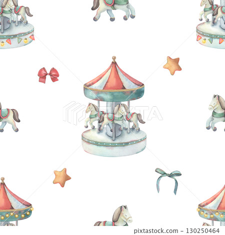 Seamless pattern, merry-go-round carousel, star, bow. Hand-painted watercolor illustration isolated on white for printing on textile, wallpaper, packaging, stationery, children decor, festive projects 130250464