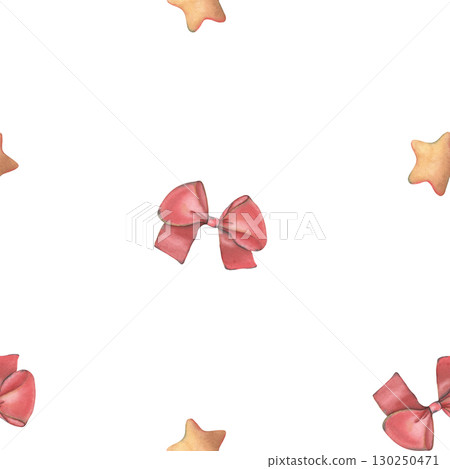 Seamless pattern with red bows and stars. Hand-painted watercolor illustration of decor elements isolated on white background for printing on textile, wallpaper, packaging, stationery, holiday designs Seamless pattern with red bows and stars. Hand-painted watercolor illustration of decor elements isolated on white background for printing on textile, wallpaper, packaging, stationery, holiday designs 130250471