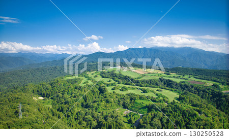 A view of ranches, reservoirs, Toyama Bay, and rice paddies from the hills of Kurobe City in eastern Toyama Prefecture, Japan 130250528