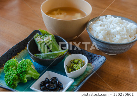 Japanese breakfast: rice, miso soup, and vegetable side dishes Japanese breakfast: rice, miso soup, and vegetable side dishes 130250601