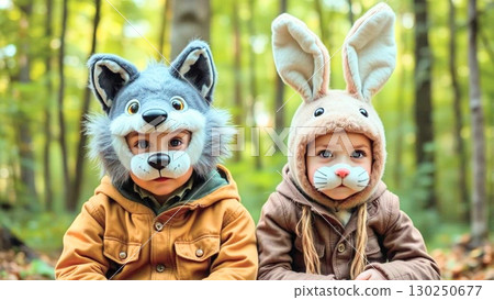 A child wearing a rabbit and wolf mask is in the forest 130250677