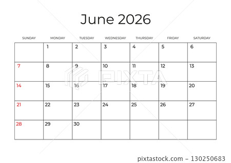 Printable Monthly Calendar template for June 2026. Week Starts on SUNDAY. Wall Calendar in a Minimalist Style. Simple and clean design. Ready to print. Vector illustration 130250683
