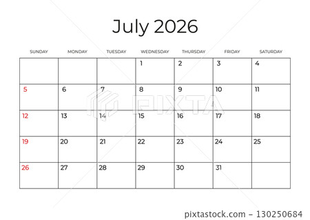 Printable Monthly Calendar template for July 2026. Week Starts on SUNDAY. Wall Calendar in a Minimalist Style. Simple and clean design. Ready to print. Vector illustration 130250684