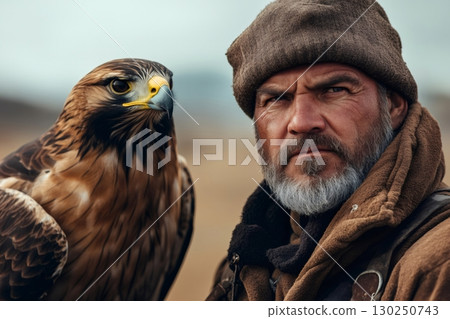 Falconer holding saker falcon, bird of prey, on arm, looking powerful 130250743