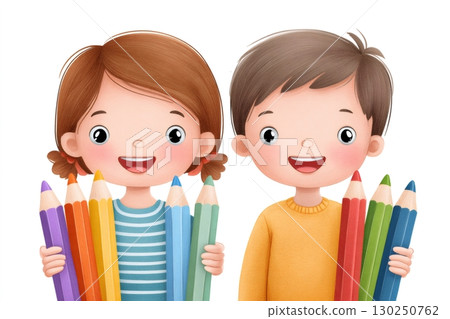 Kids holding colored pencils smiling isolated on white background Kids holding colored pencils smiling isolated on white background 130250762