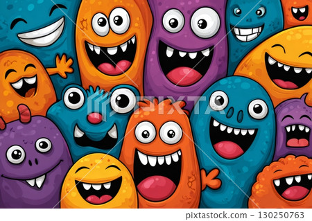 Friendly cartoon monsters smiling and having fun together Friendly cartoon monsters smiling and having fun together 130250763
