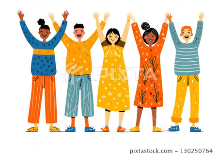 Happy children raising hands, celebrating friendship and diversity 130250764