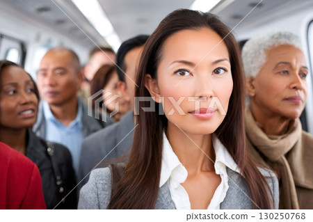 Businesswoman commuting by bus with multi ethnic passengers standing behind her 130250768