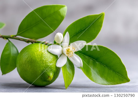Lime fruit blooming showing green leaves and white flower 130250790