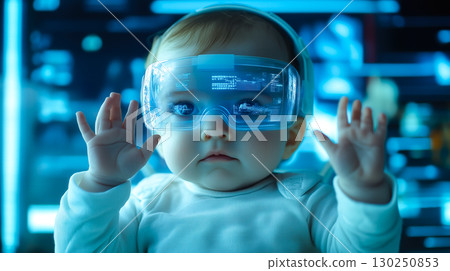 A toddler engages in online learning using futuristic technology, interacting with advanced digital interfaces. The concept of early childhood education, innovation, and the future of learning. Genera 130250853