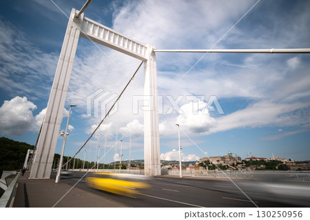 Taxi Motion Road Traffic On White Elisabeth Bridge In Budapest Taxi Motion Road Traffic On White Elisabeth Bridge In Budapest 130250956