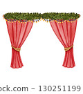 Red stage curtains tied with golden ropes and decorated with green garland and lights on top. Watercolor illustration. Suitable for children books, posters, invitations, theater themes, postcards. 130251199